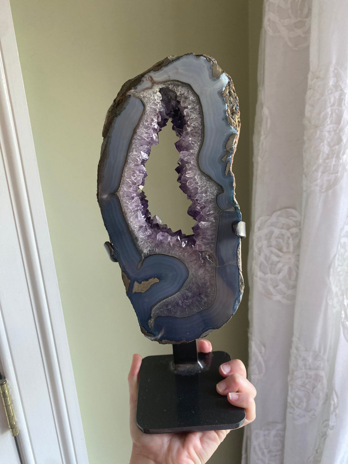 XXL Brazilian Amethyst Portal w/ Banded Agate on Custom Stand