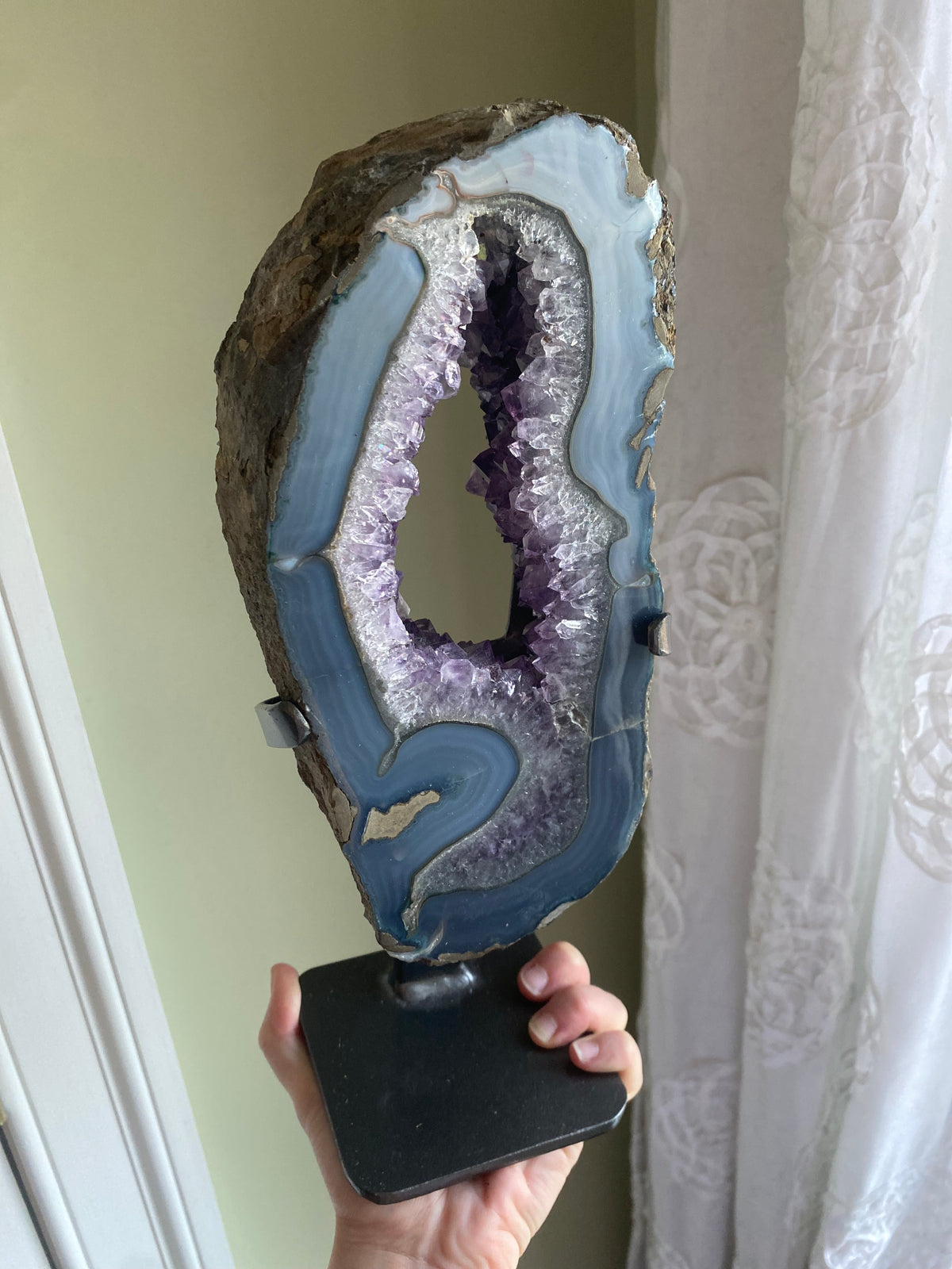 XXL Brazilian Amethyst Portal w/ Banded Agate on Custom Stand