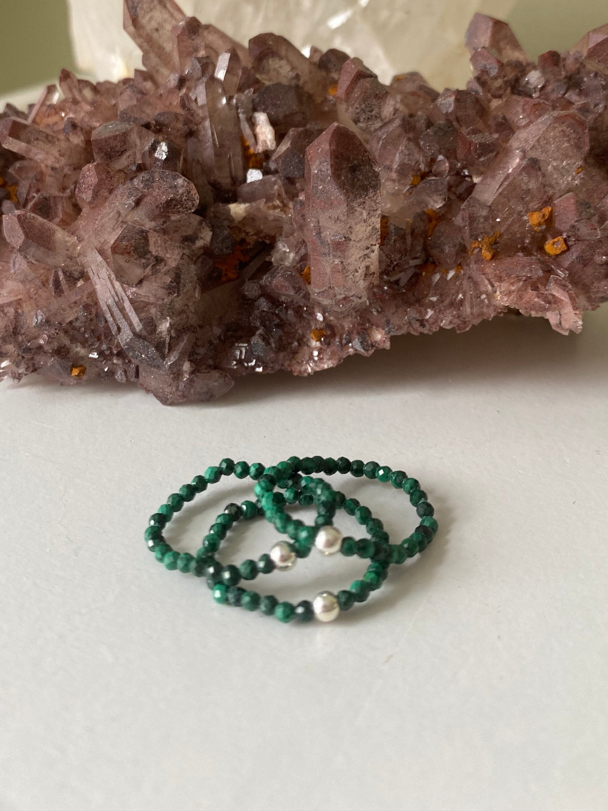 Hand Made Faceted Malachite w/ Silver Stackable Stretch Rings