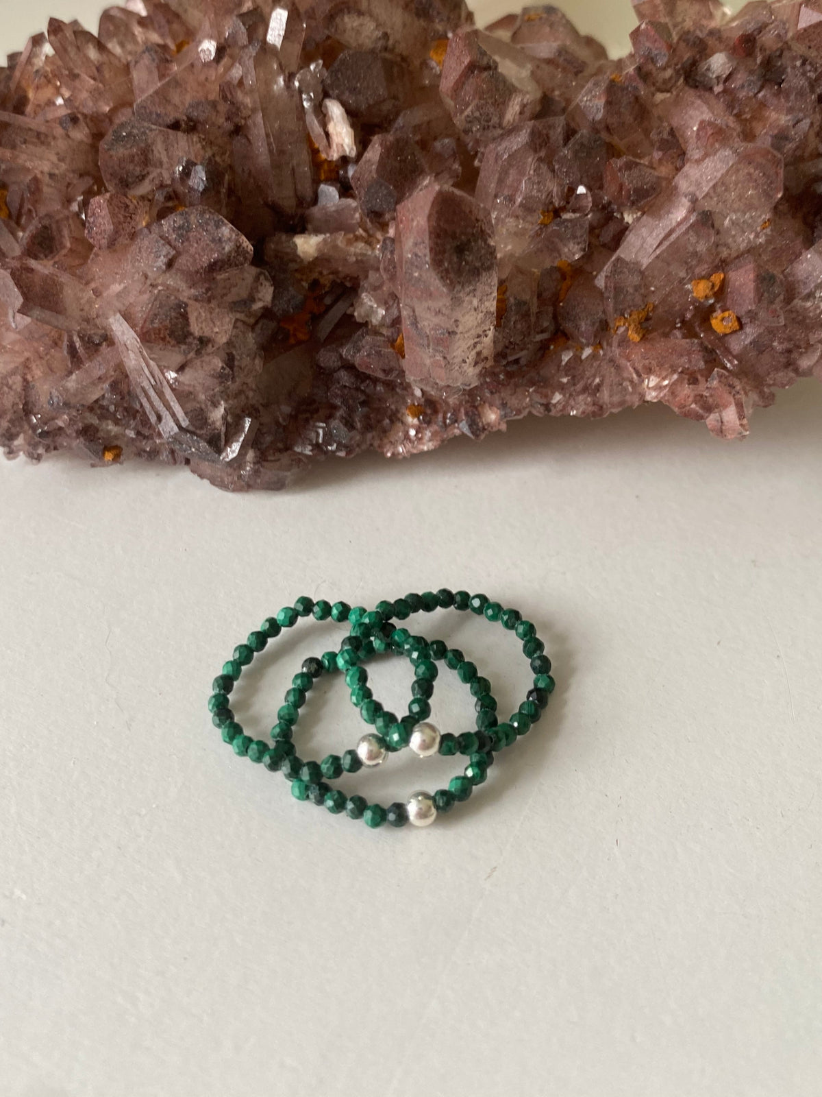 Hand Made Faceted Malachite w/ Silver Stackable Stretch Rings
